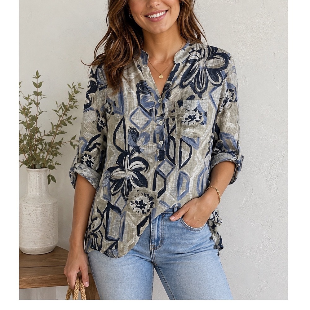 Marisima Blouse Women OS Blue Grey Good Floral Geometric Roll Tab Made In Italy